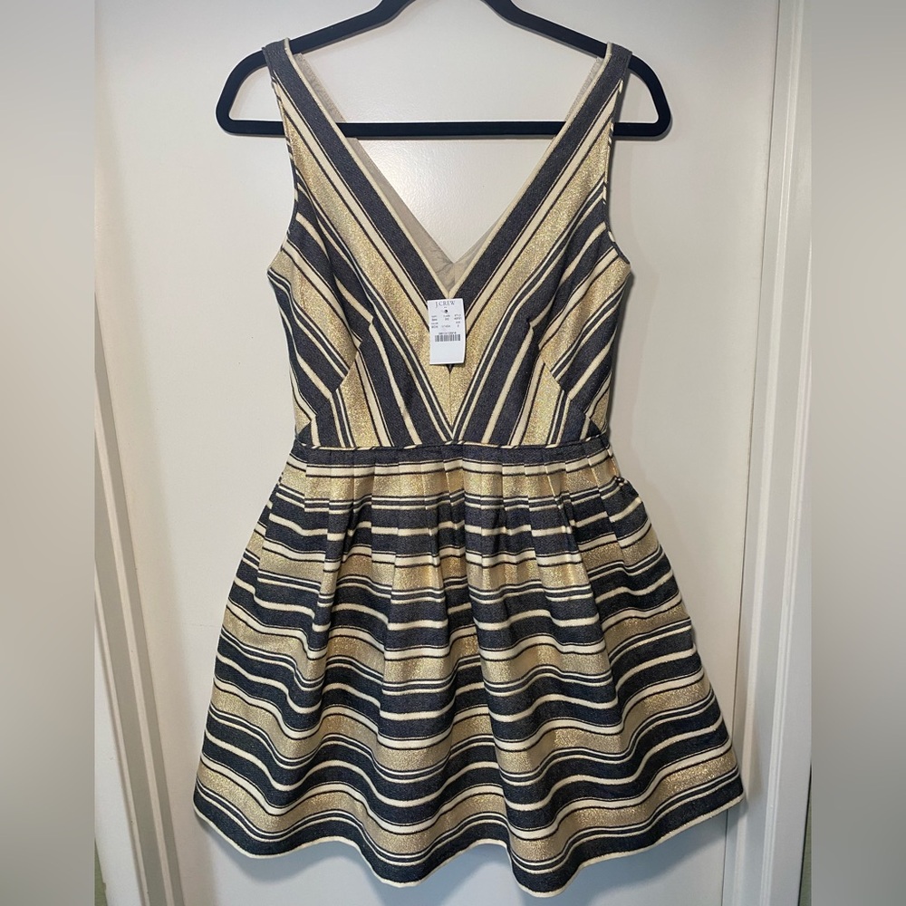 J.Crew Gold Metallic Striped V-Neck Sleeveless Above Knee A-line Dress